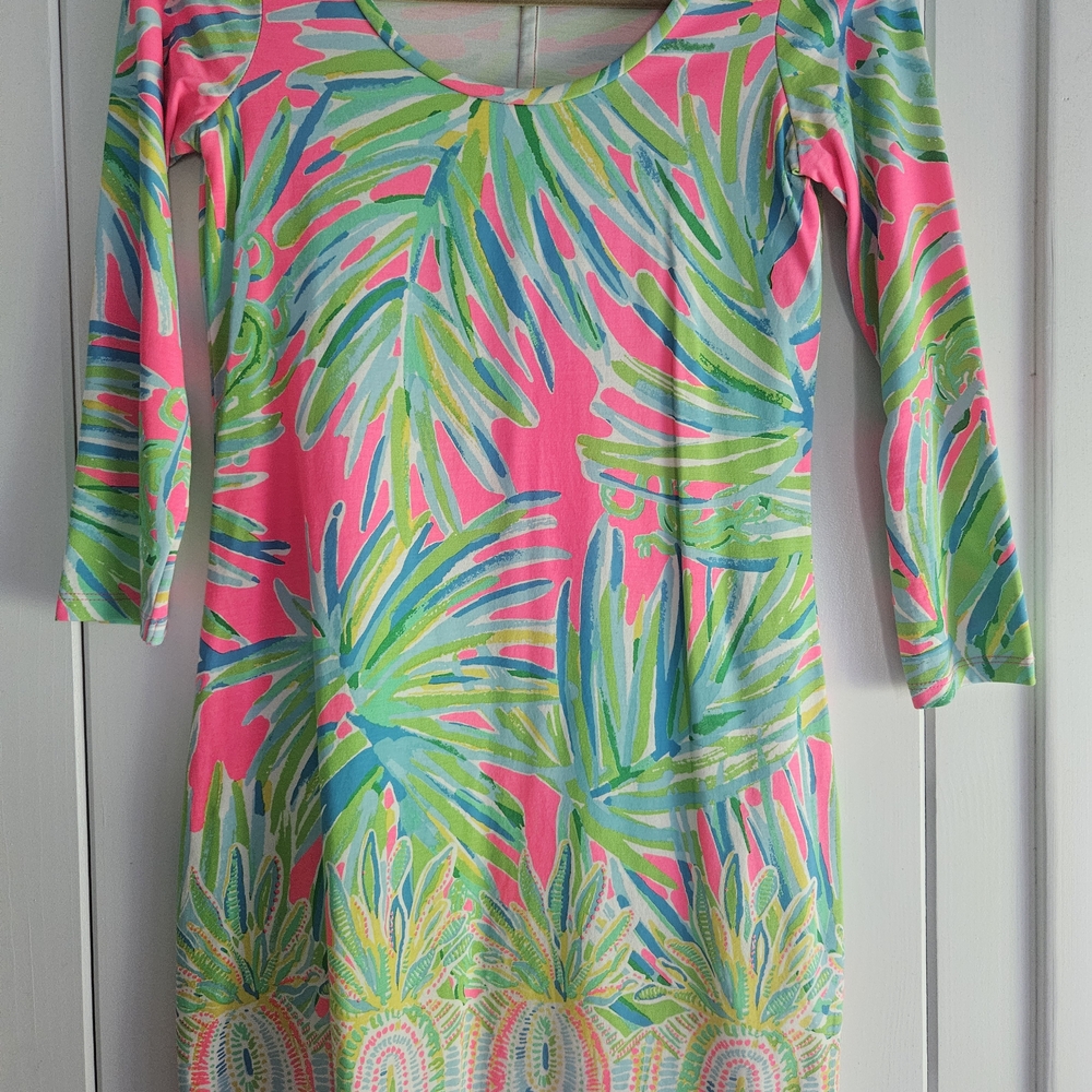 Tiki Pink Royal Lime Lilly Pulitzer Beacon Cocktail Dress 3/4 Length Sleeve XXS